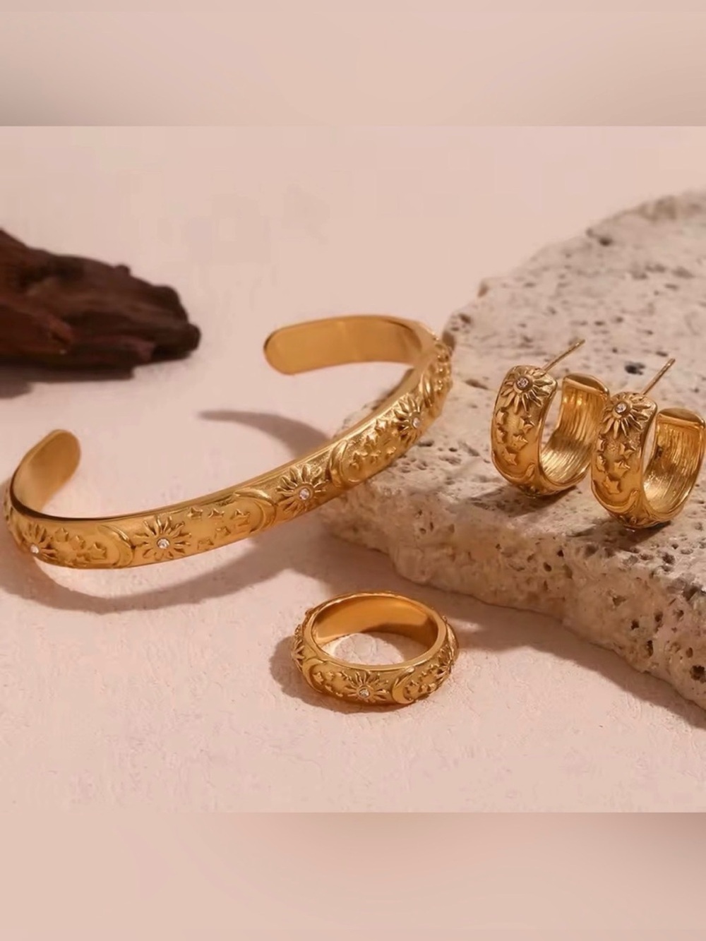 Floral Engraved Cuff Bracelet Ring and Earrings SET
